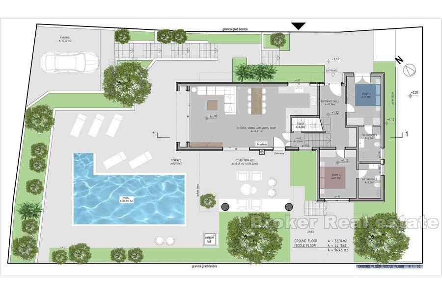 nær Rogoznica. Luksus villa med stort basseng, 80 meter fra sjøen.