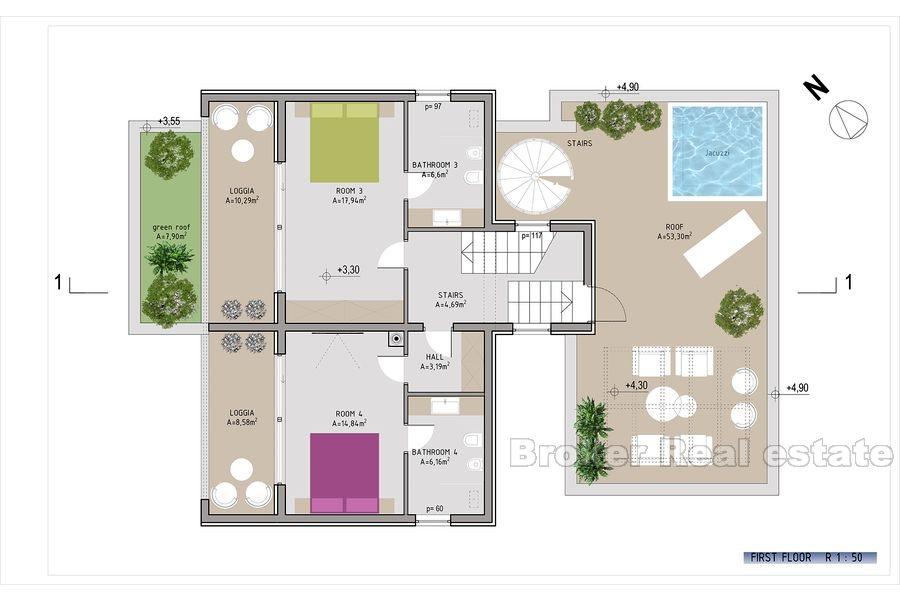 nær Rogoznica. Luksus villa med stort basseng, 80 meter fra sjøen.