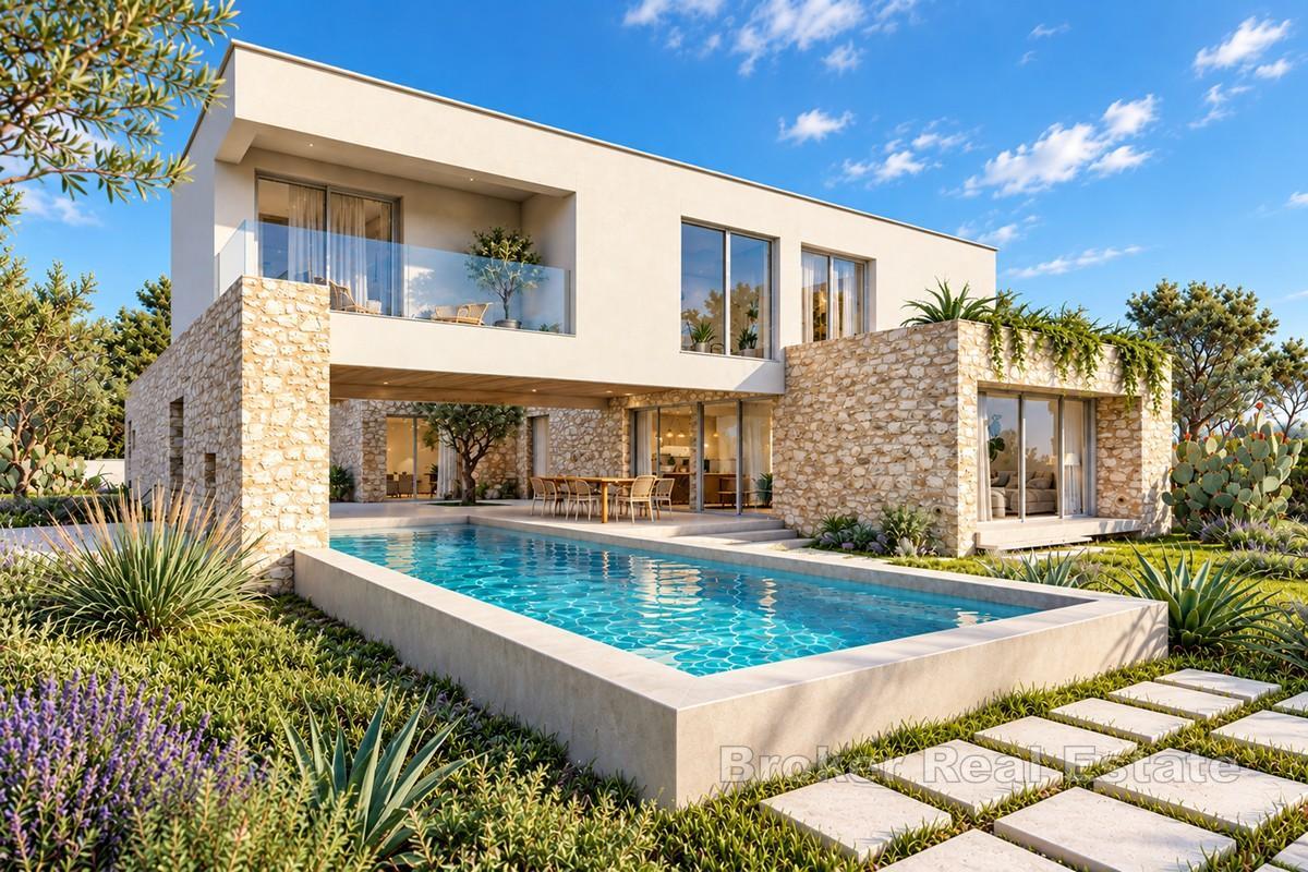 Ny modern villa med stor trädgård och havsutsikt