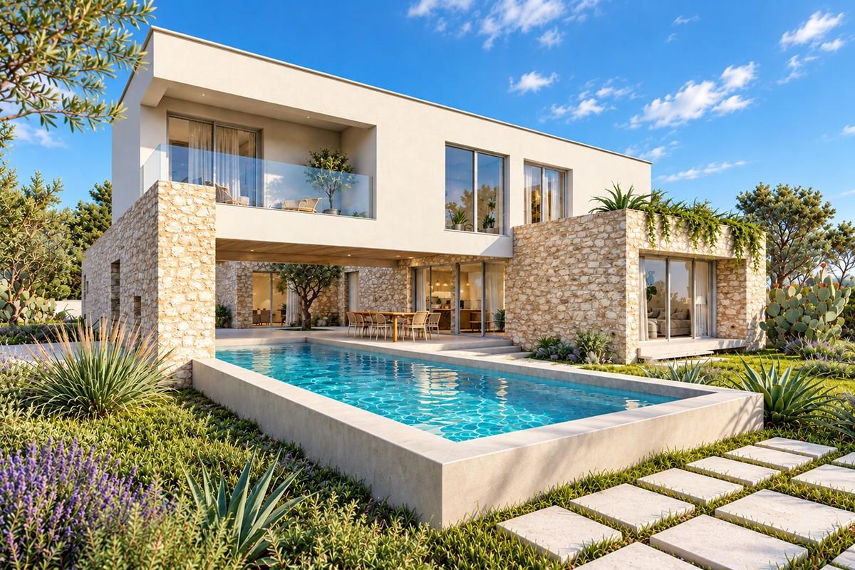 Ny modern villa med stor trädgård och havsutsikt