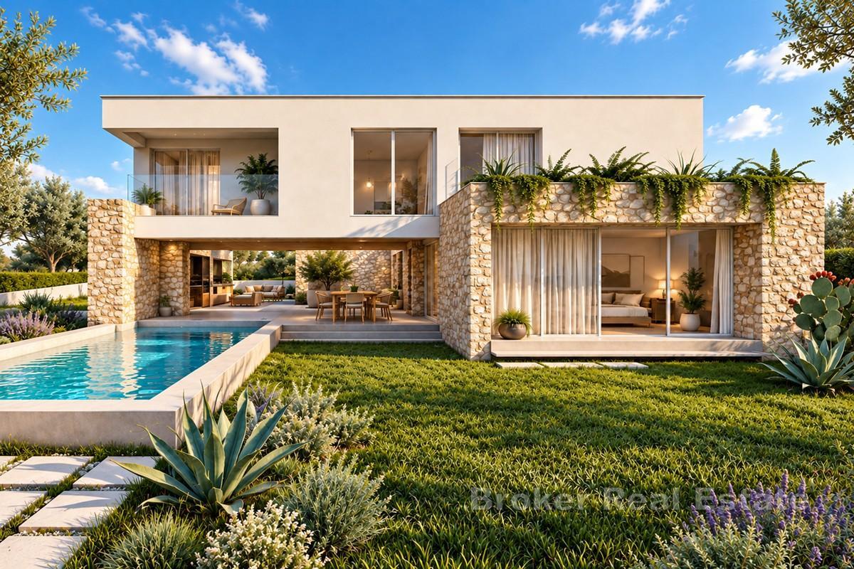 Ny modern villa med stor trädgård och havsutsikt
