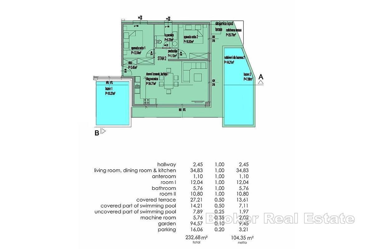 Spazioso appartamento con due camere da letto, piscina privata e giardino