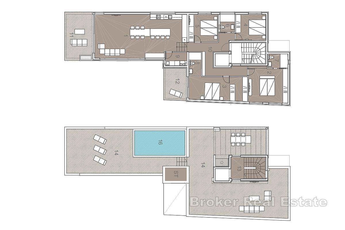 Toppleilighet med basseng og panoramautsikt over havet