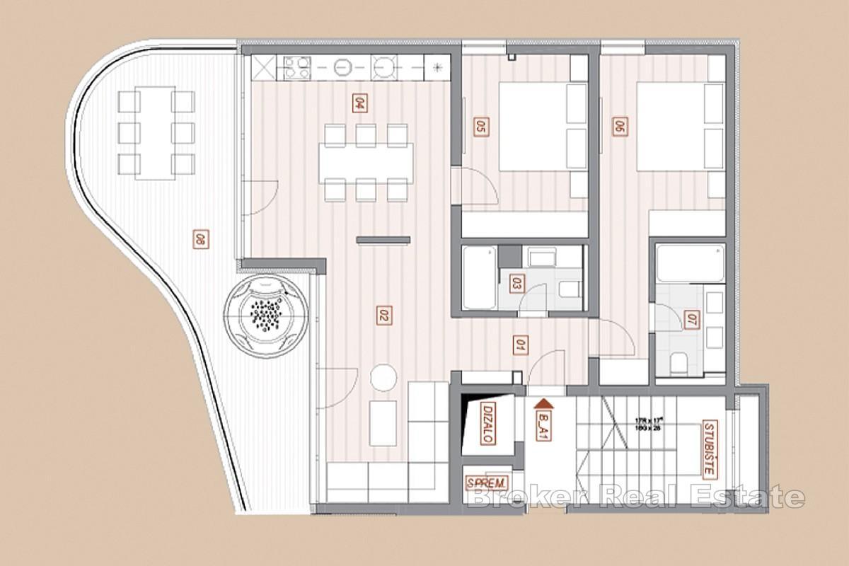 Zwei-Zimmer-Wohnung im ersten Stock mit Whirlpool, Terrasse und Meerblick