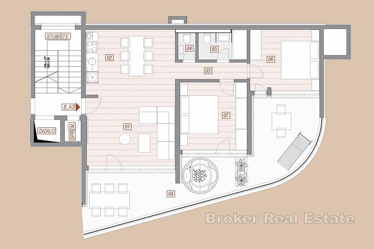 Dwupokojowy apartament na pierwszym piętrze z tarasem, jacuzzi i widokiem na morze