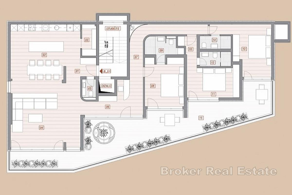 Appartement exclusif de trois chambres au rez-de-chaussée avec terrasse